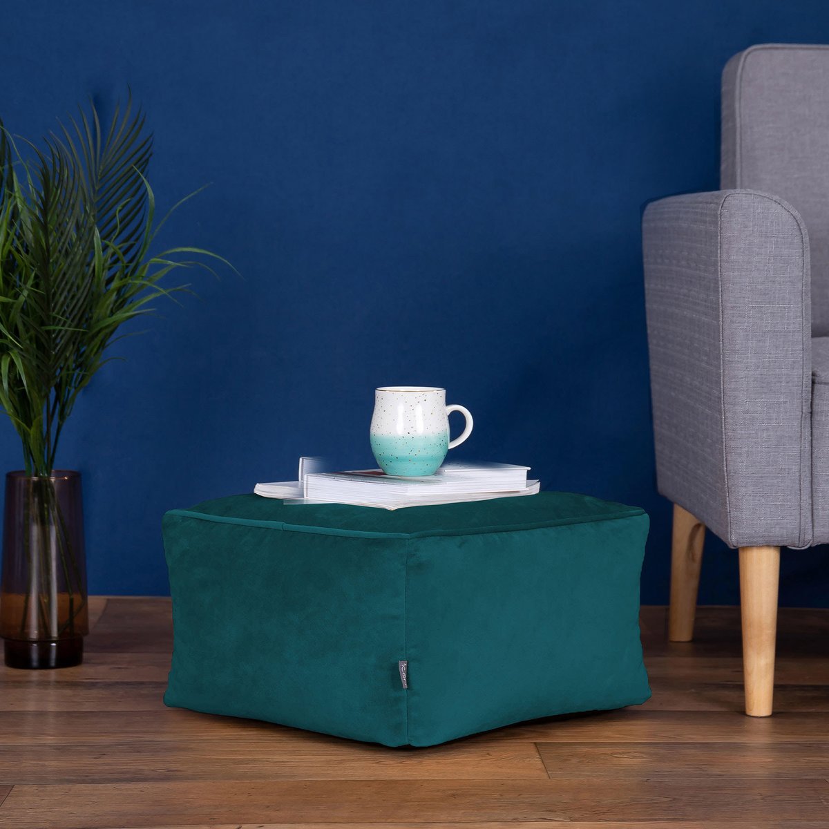 Pouf repose-pieds carré velours - AMARA vert canard, ICON