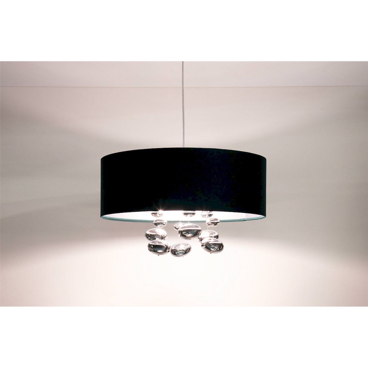 Suspension ronde en tissu avec boules argentées Bubble Light vert bouteille satin et argent mat, BPS KONCEPT