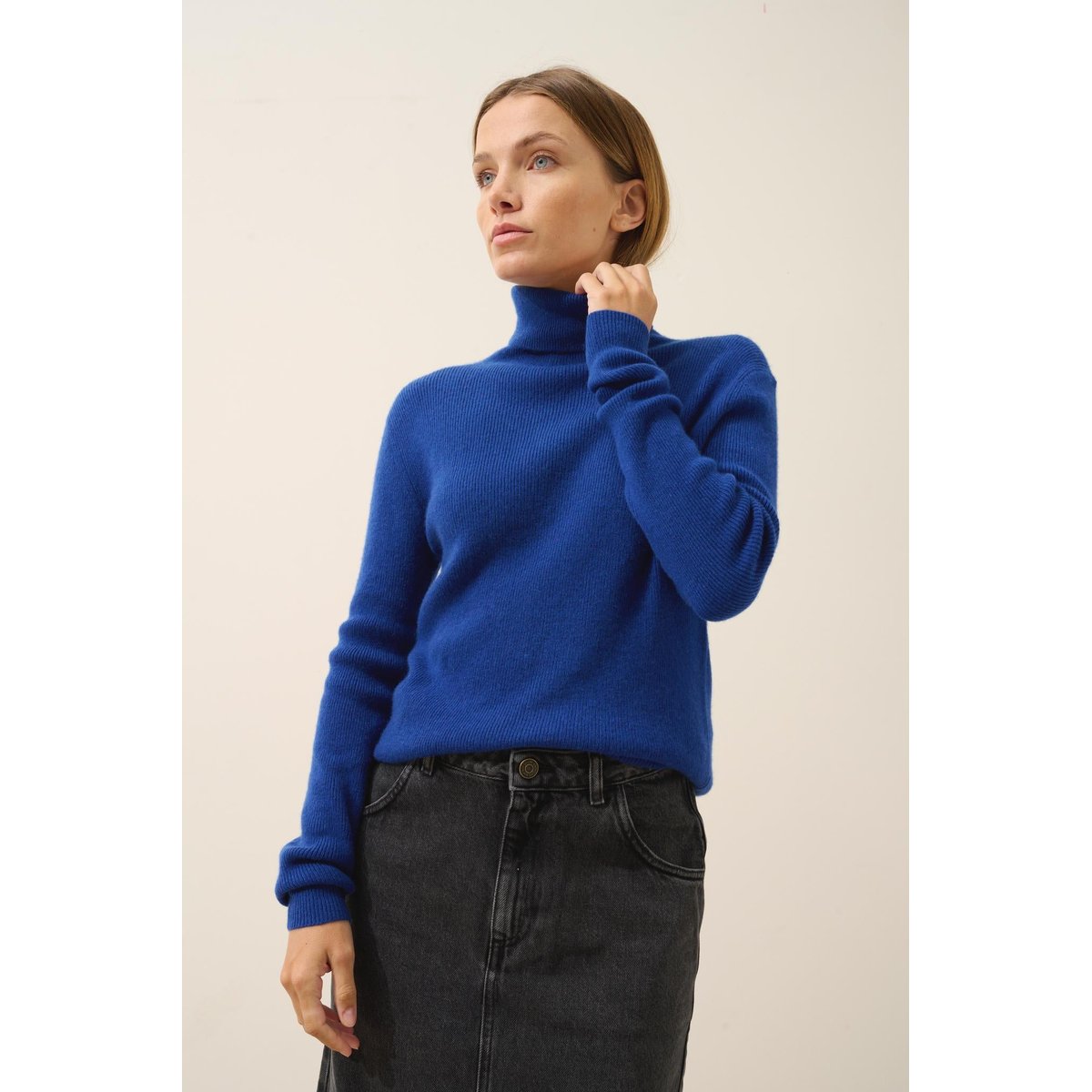 Pull Col Roulé Outremer Lanais bleu foncé, JUST CASHMERE