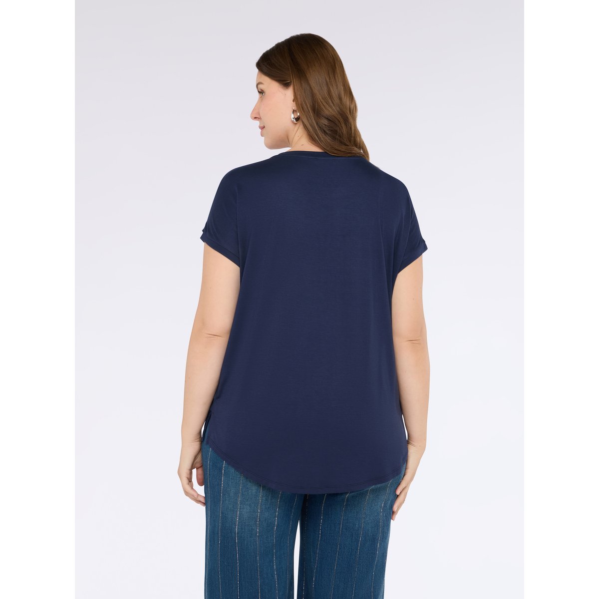 T-shirt à encolure ronde et manches courtes kimono, devant en satin fluide, dos en jersey de viscose bleu, FIORELLA RUBINO