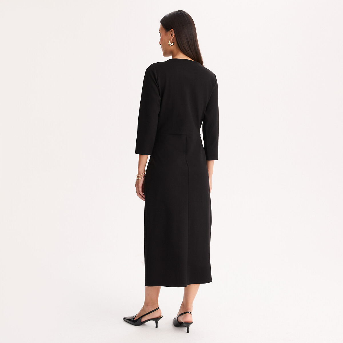 Robe longueur midi, manches 3/4, effet drapé noir, ANNE WEYBURN