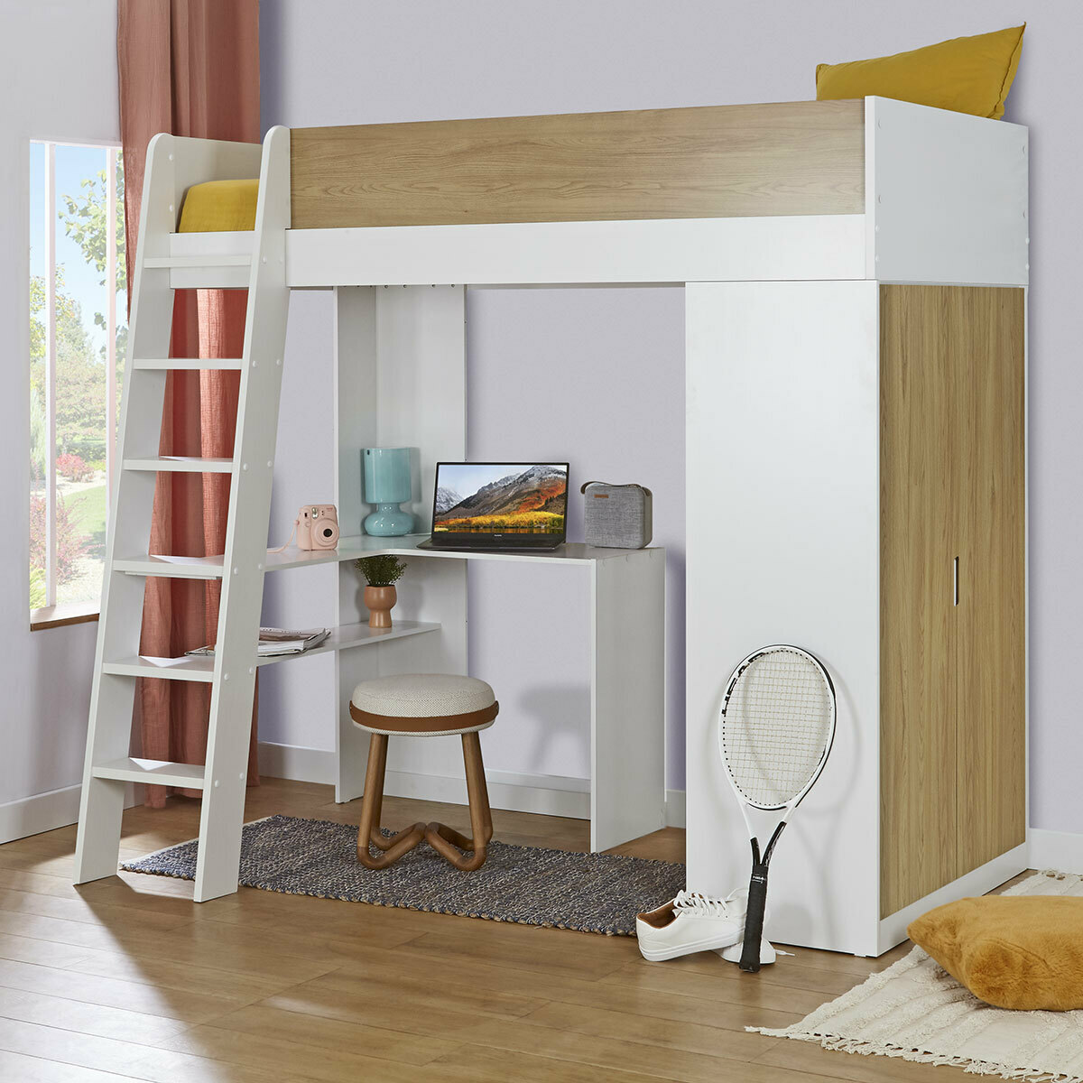 Pack lit mezzanine avec matelas MEMPHIS blanc et bois, AKITEN RETAIL