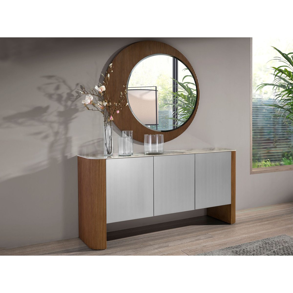 Buffet en bois argenté, noyer et plateau en marbre de porcelaine blanc | noyer | argent, ANGEL CERDA