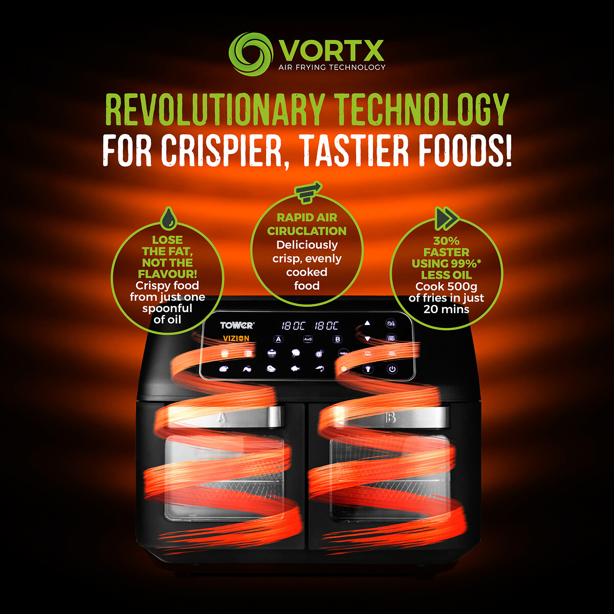 Vortx Vizion 11L Dual Air Fryer - T17102 black, TOWER