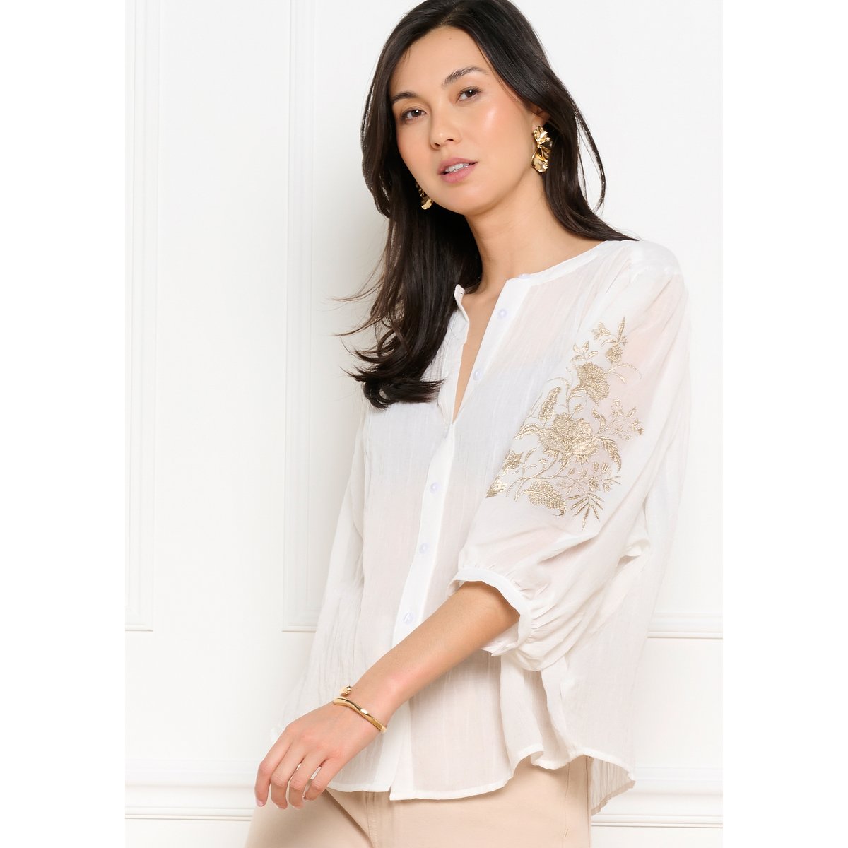Blouse brodée coupe fluide blanc, LOLALIZA