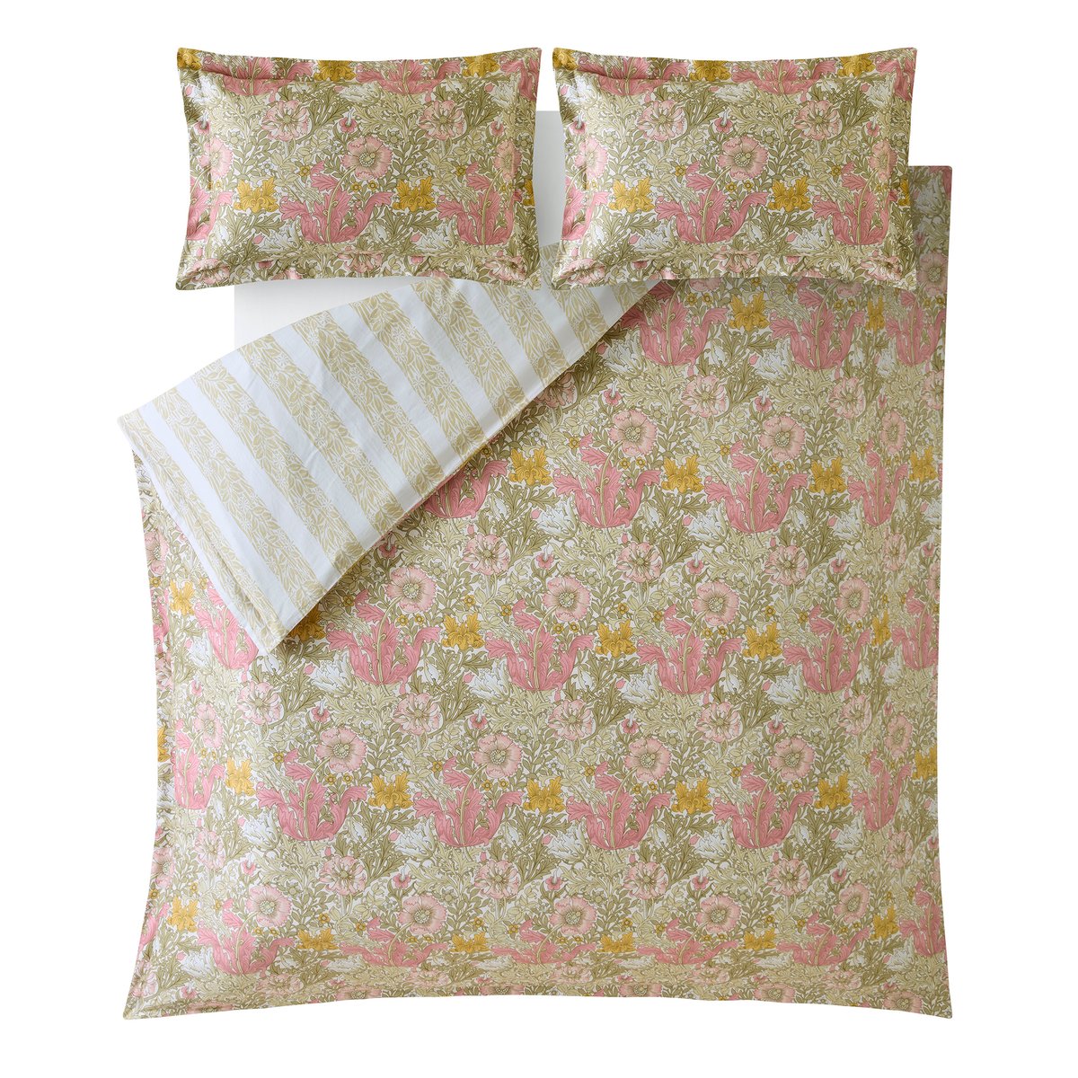 Parure de lit, housse de couette fleurie/rayures + 2 taies pour grand  lit 2 personnes Tulipes et chèvrefeuille vert, rose, ocre, WILLIAM MORRIS AT HOME