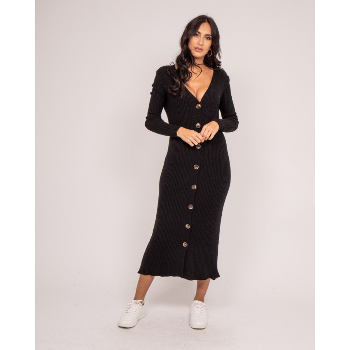 Robe Longue Maille Côtelée Iverny noir, DONA LISA
