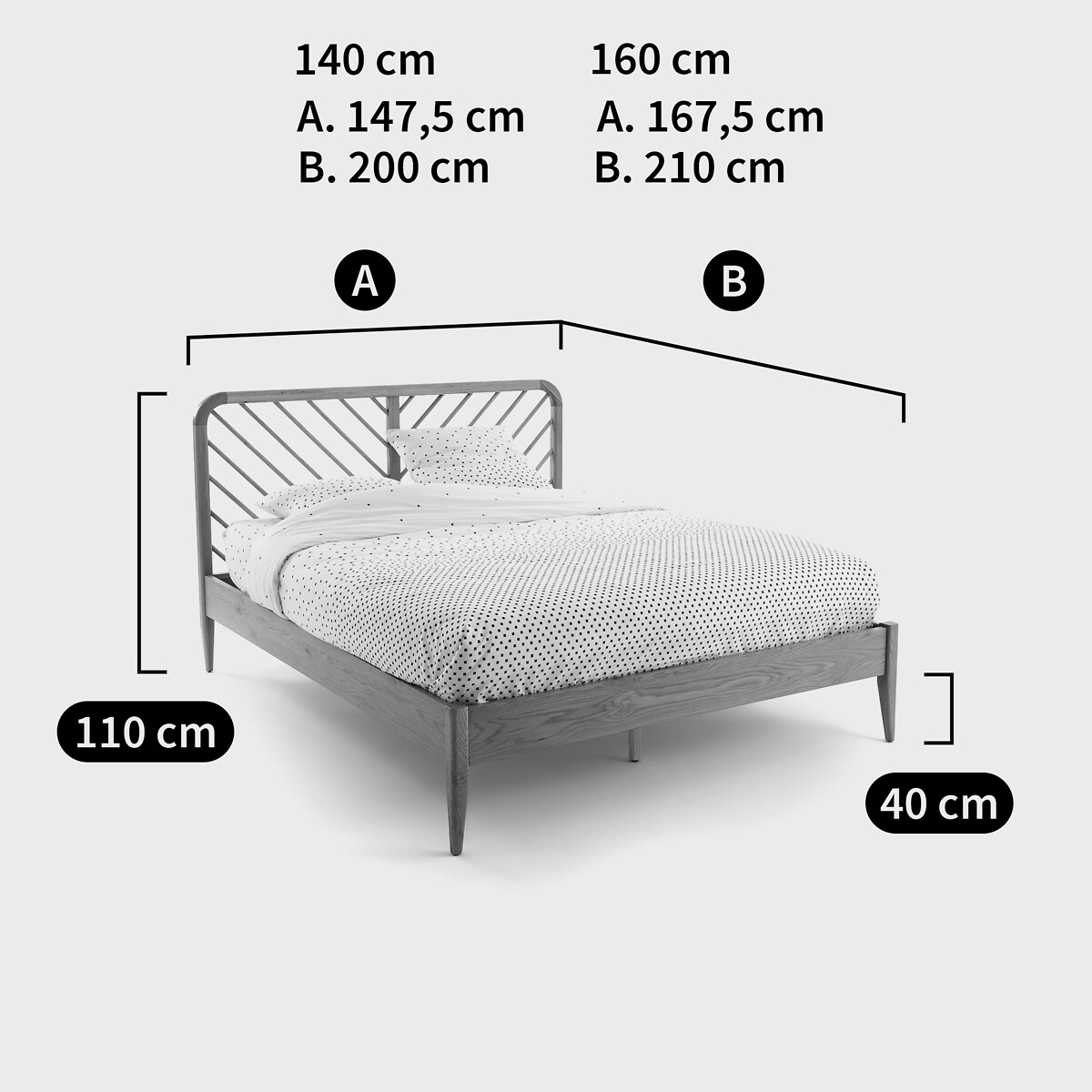 Lit avec sommier chêne massif et plaqué chêne, ANDA chêne, LA REDOUTE INTERIEURS