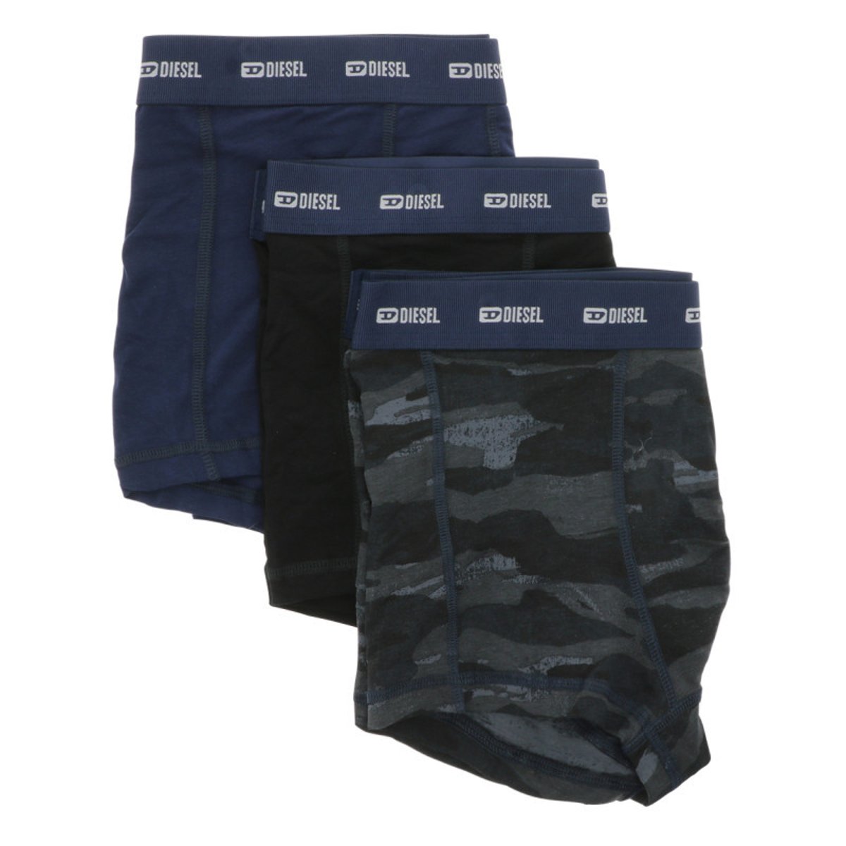 Lot de 3 boxers en coton marine et noir unis avec un imprimé camouflage marine et noir, DIESEL