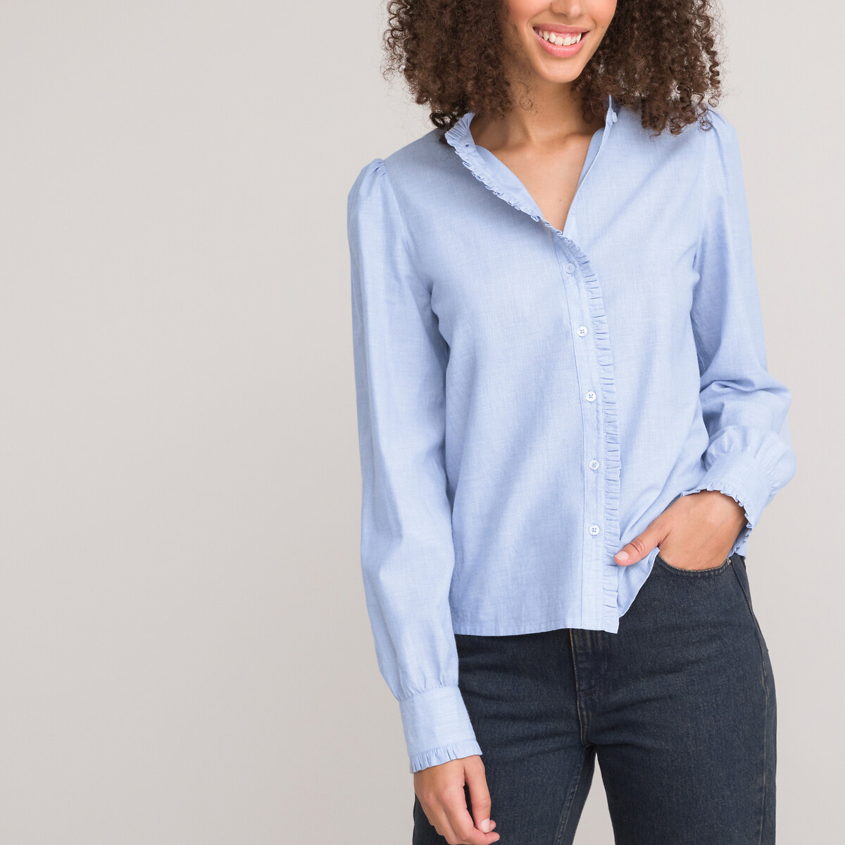 Ruffled High Neck Blouse with Long Sleeves sky blue, LA REDOUTE COLLECTIONS