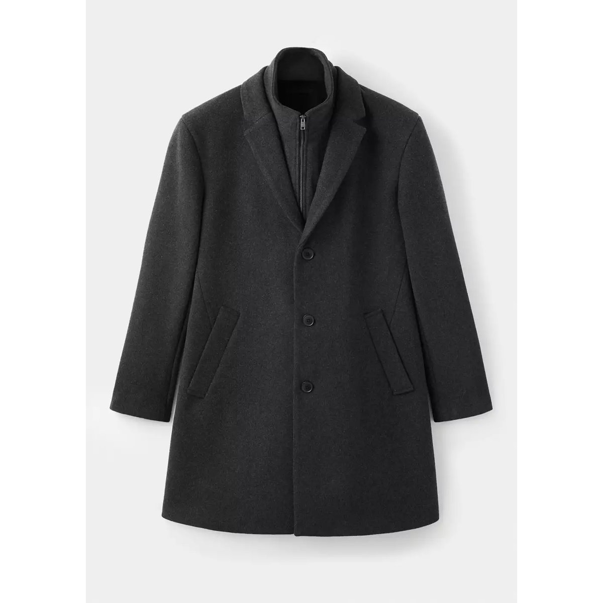 Manteau laine col intérieur amovible gris chiné foncé, MANGO MAN