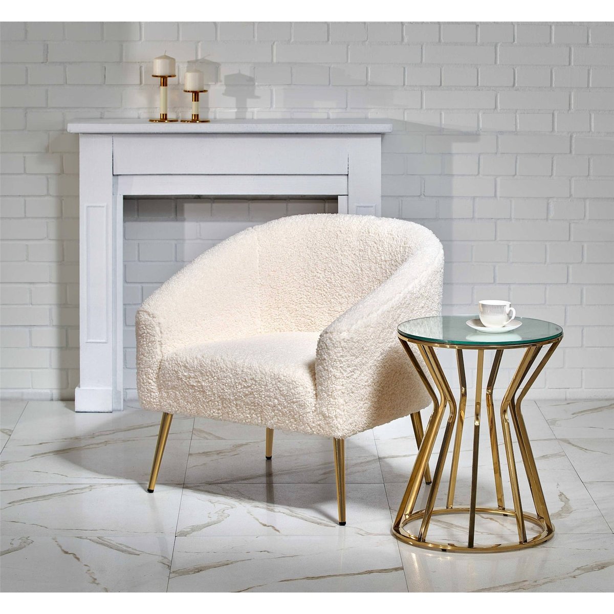 Fauteuil cosy tissu bouclé, Collection SATERSE beige bouclé et doré, RECOLLECTION