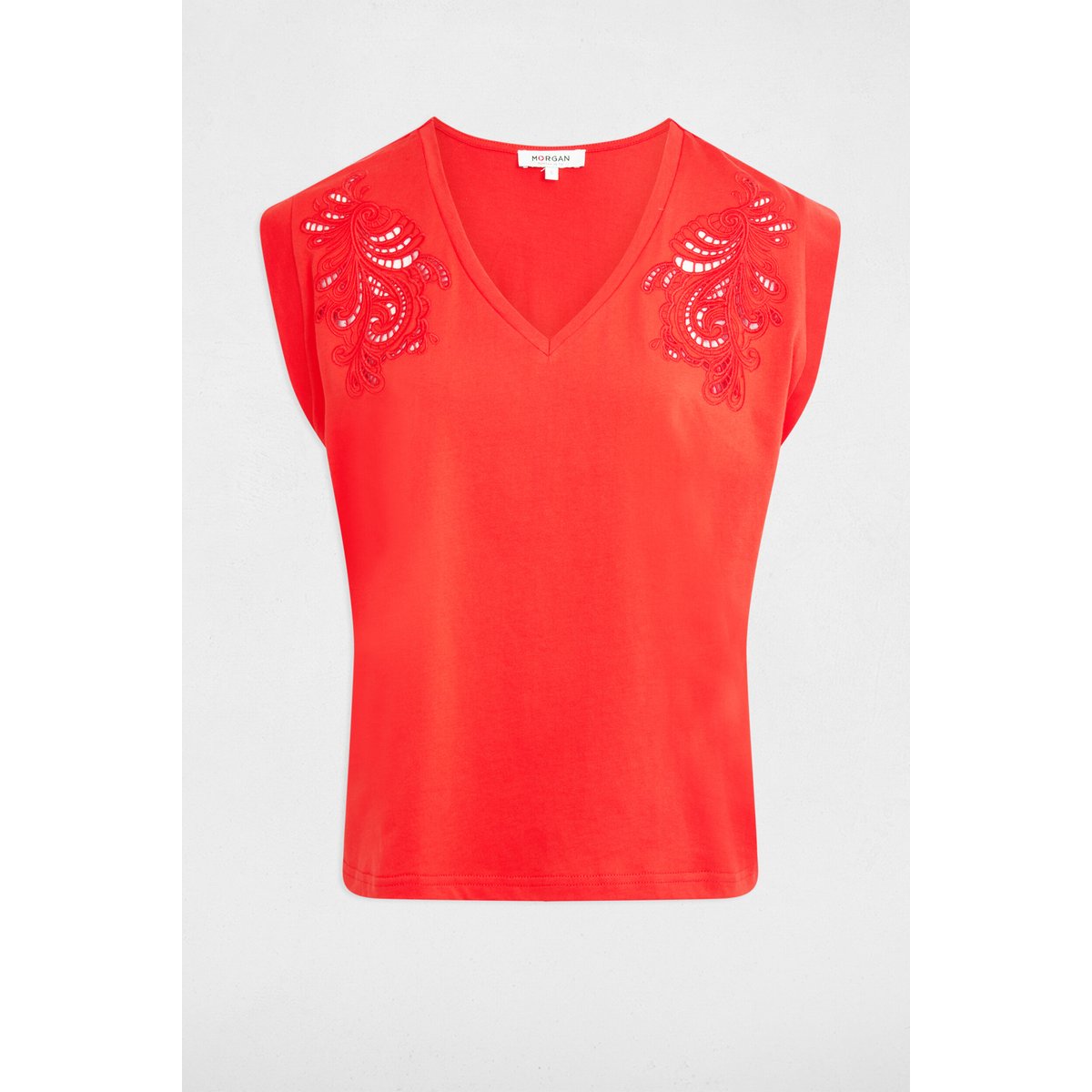 T-shirt col v manches courtes rouge vif, MORGAN