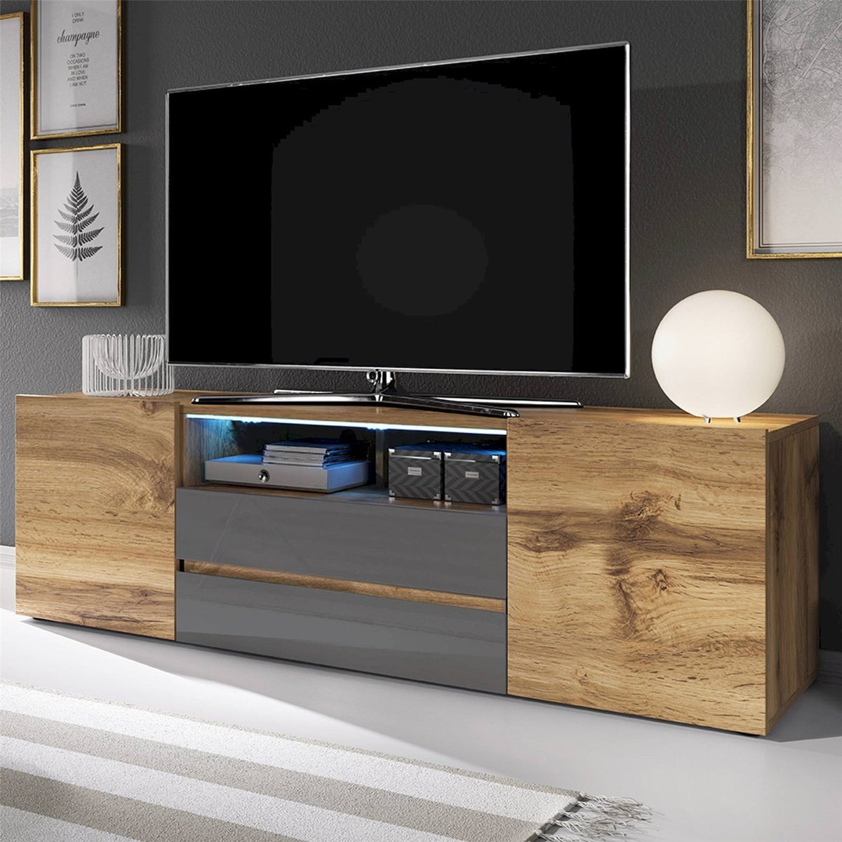 Meuble tv bas collection BROS bois clair et noir, RECOLLECTION