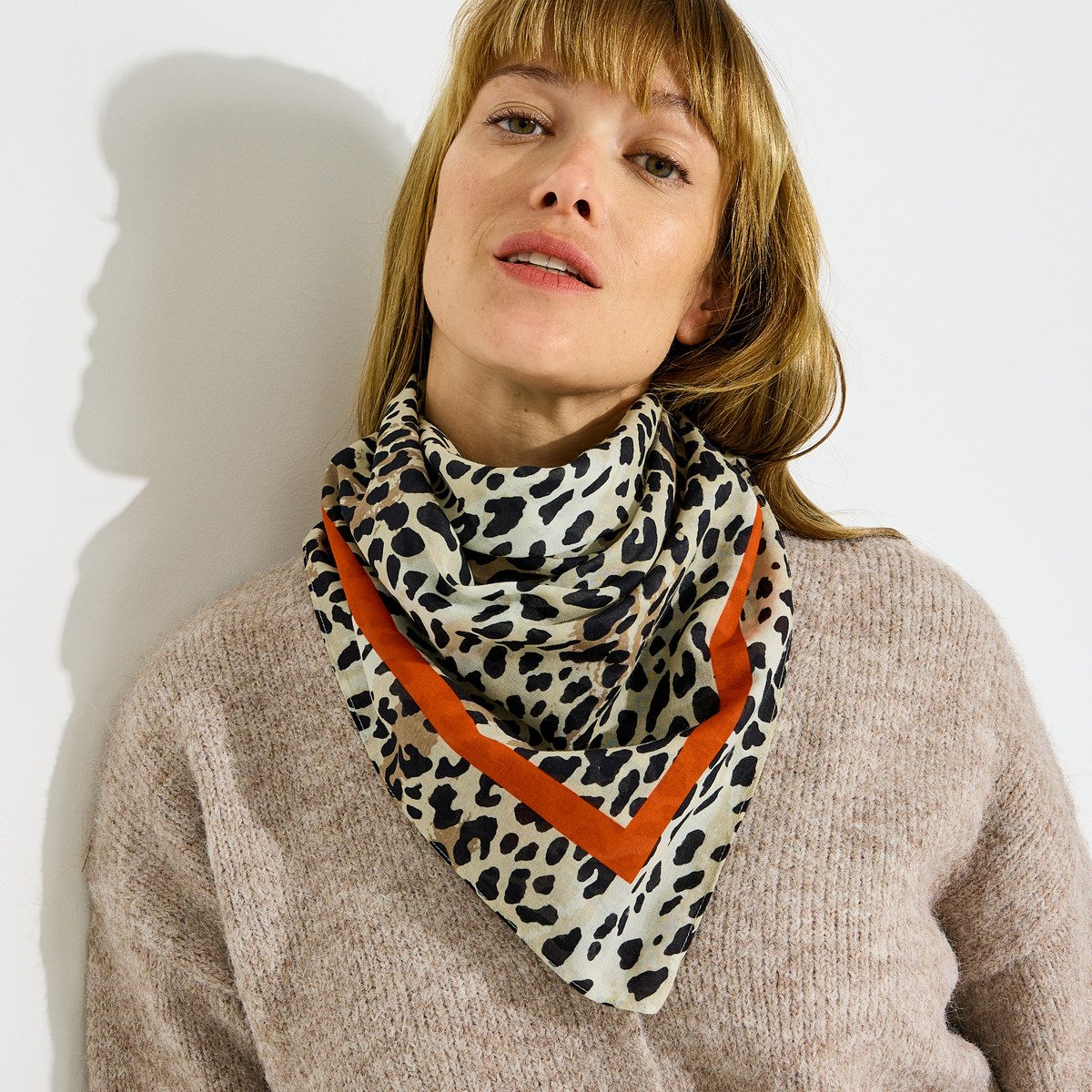 Foulard carré imprimé léopard beige, GRAIN DE MALICE