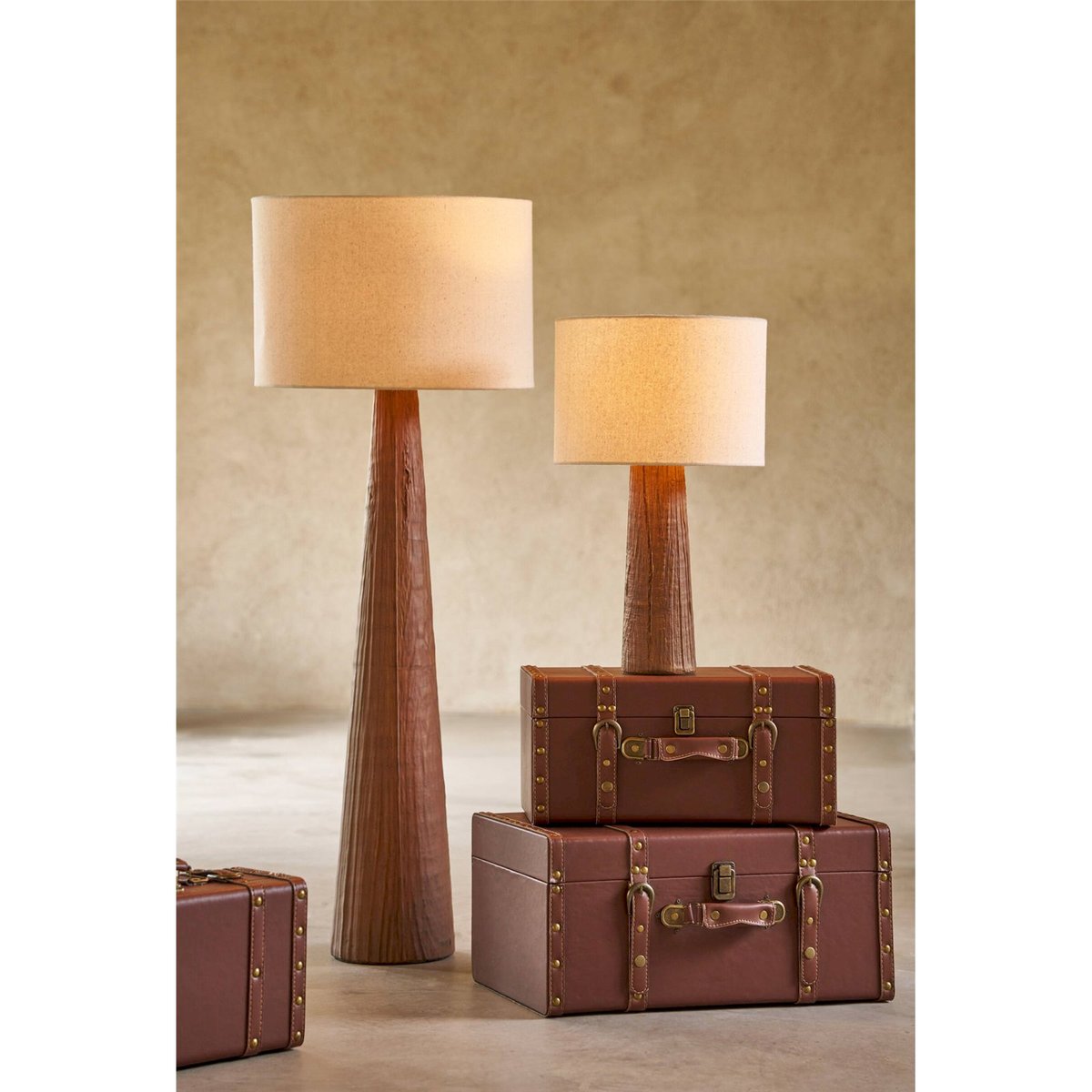 Lampe de table en poterie marron foncé et abat jour beige, RECOLLECTION