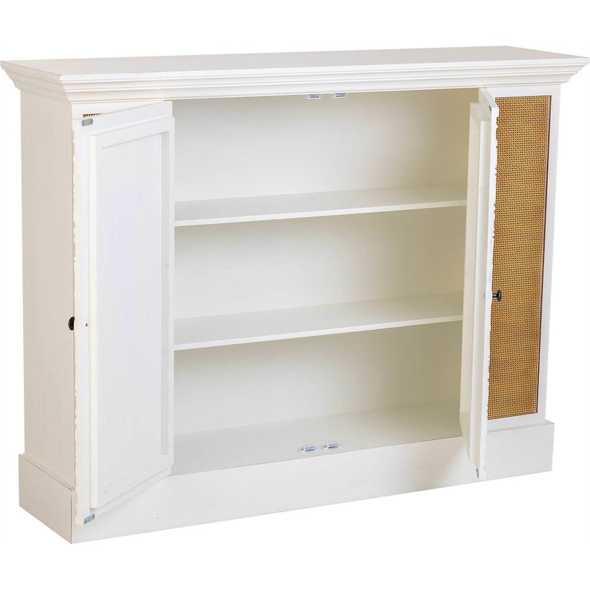 Buffet en bois patiné rectangulaire avec portes sculptées blanc patiné et cannage naturel, RECOLLECTION