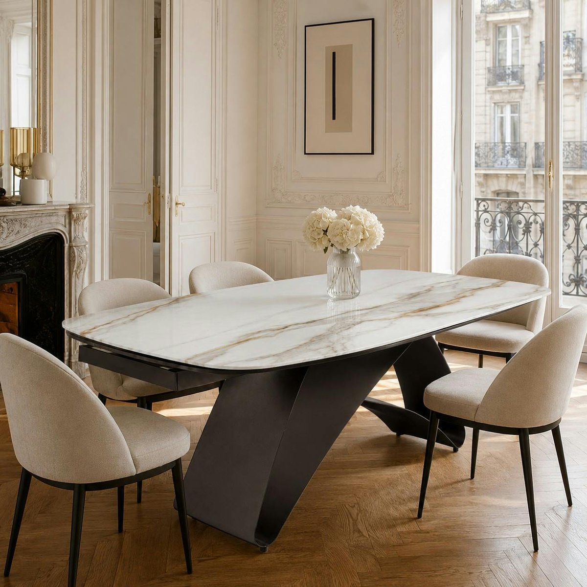 Table design en céramique, plateau extensible 8 / 10 places LORA marbre blanc, PIER IMPORT