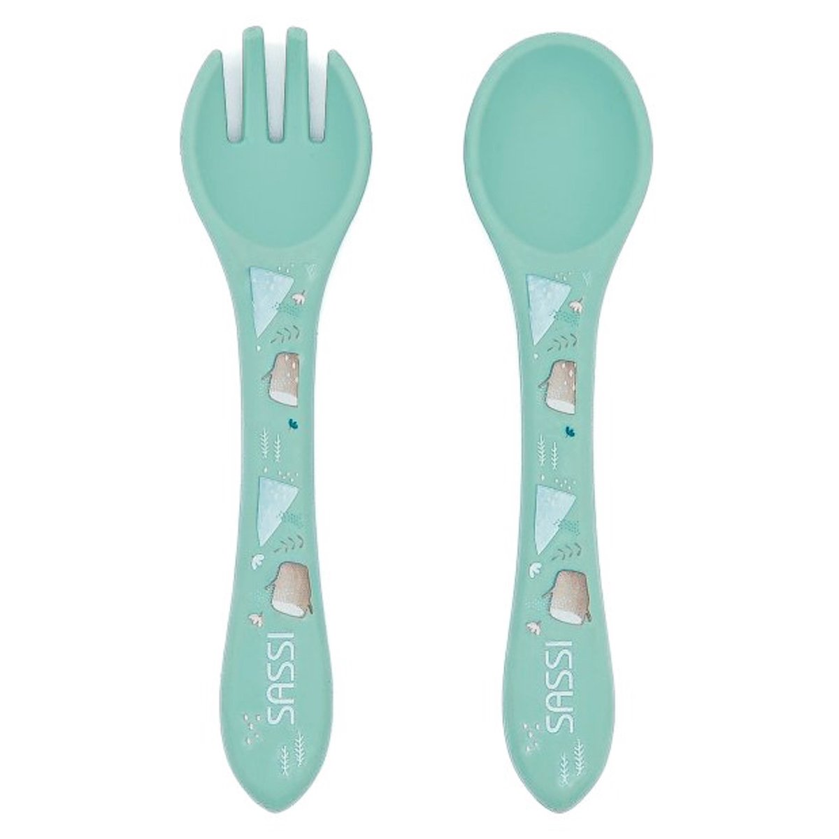 Set fourchette et cuillère en silicone ANIMAUX menthe, SASSI