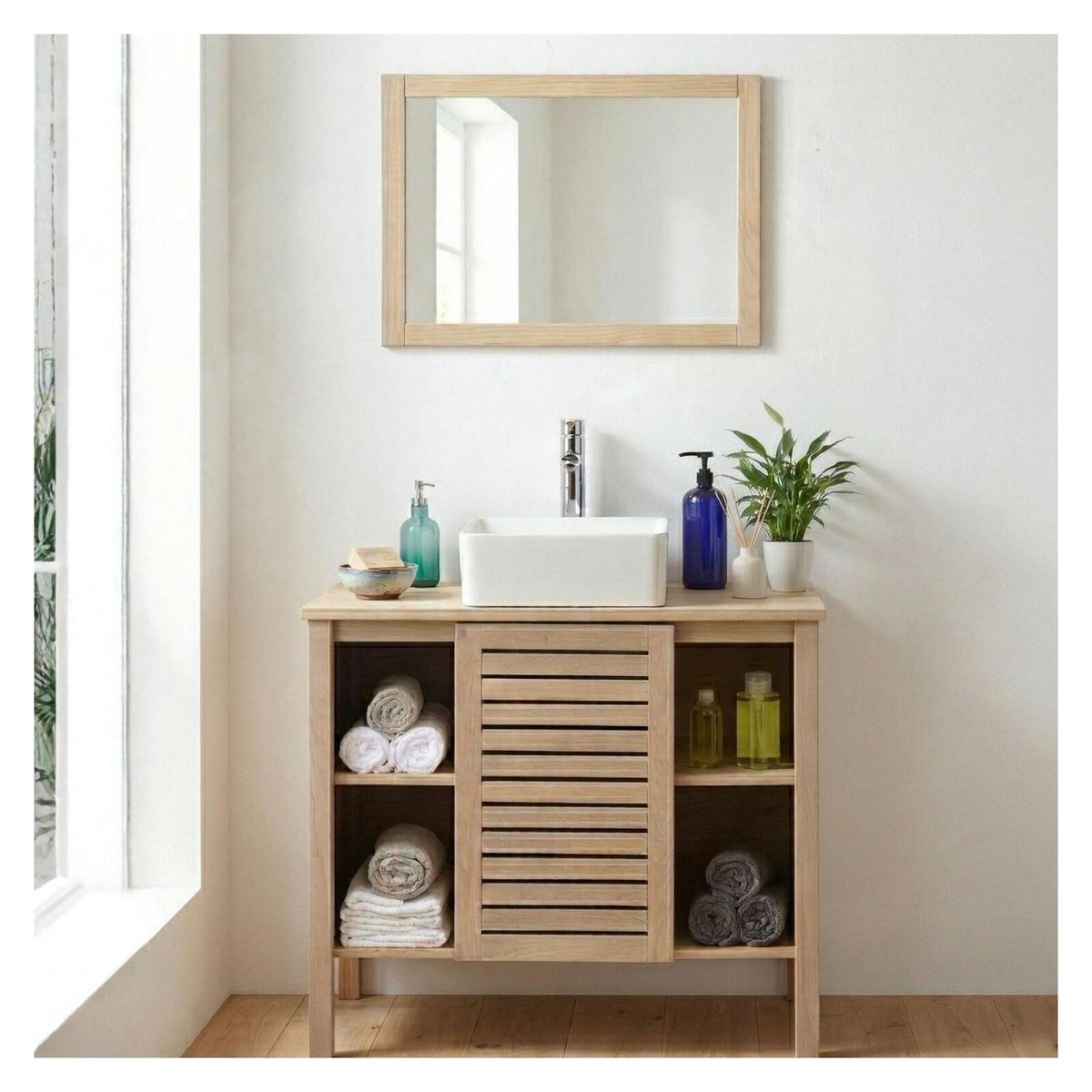 Ensemble simple vasque 90cm chêne avec vasque, robinet et miroir TALIX chêne, MOB IN