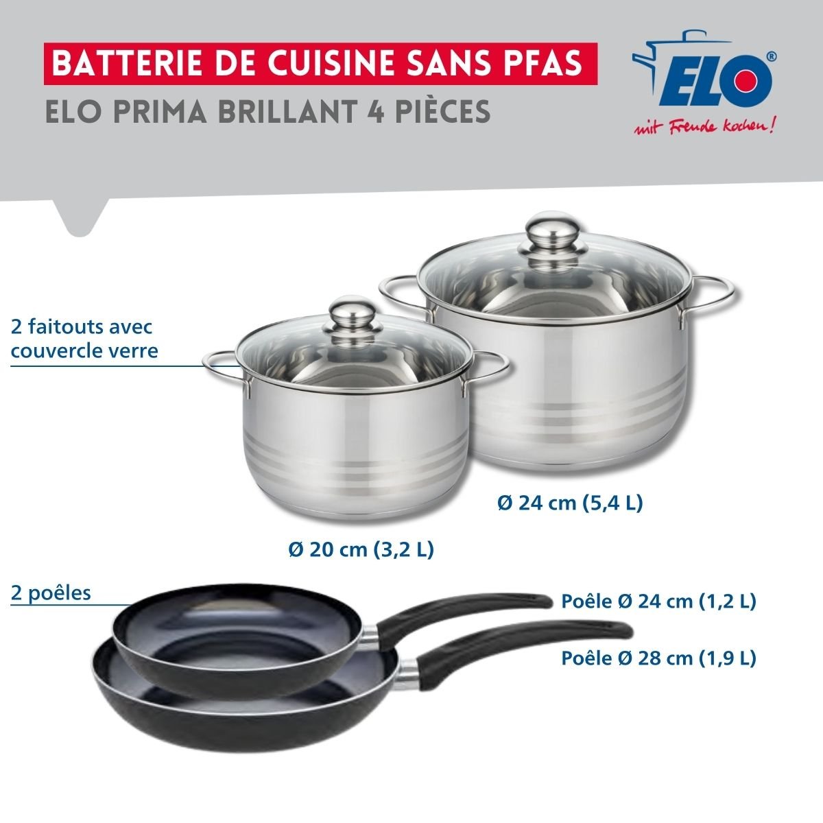 Batterie 2 poêles 24/28cm + 2 faitouts 20/24cm PRIMA BRILLANT noir, ELO
