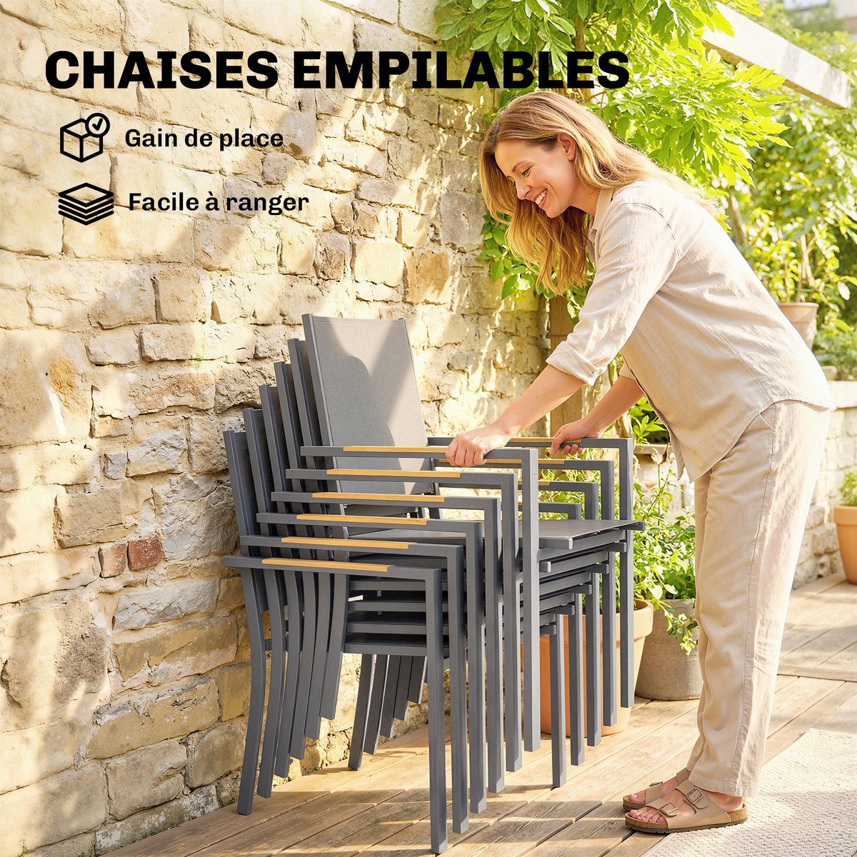 Ensemble de salon de jardin Acier Galvanisé gris foncé, marron clair, OUTSUNNY