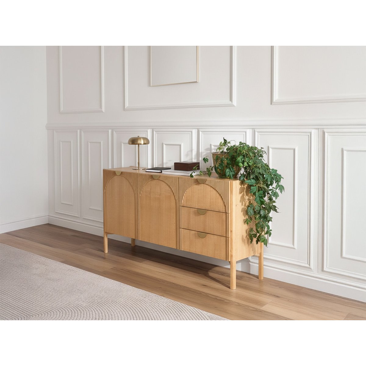 Buffet bas en placage 2 portes 3 tiroirs 135 cm, LOLA marron clair, BOBOCHIC
