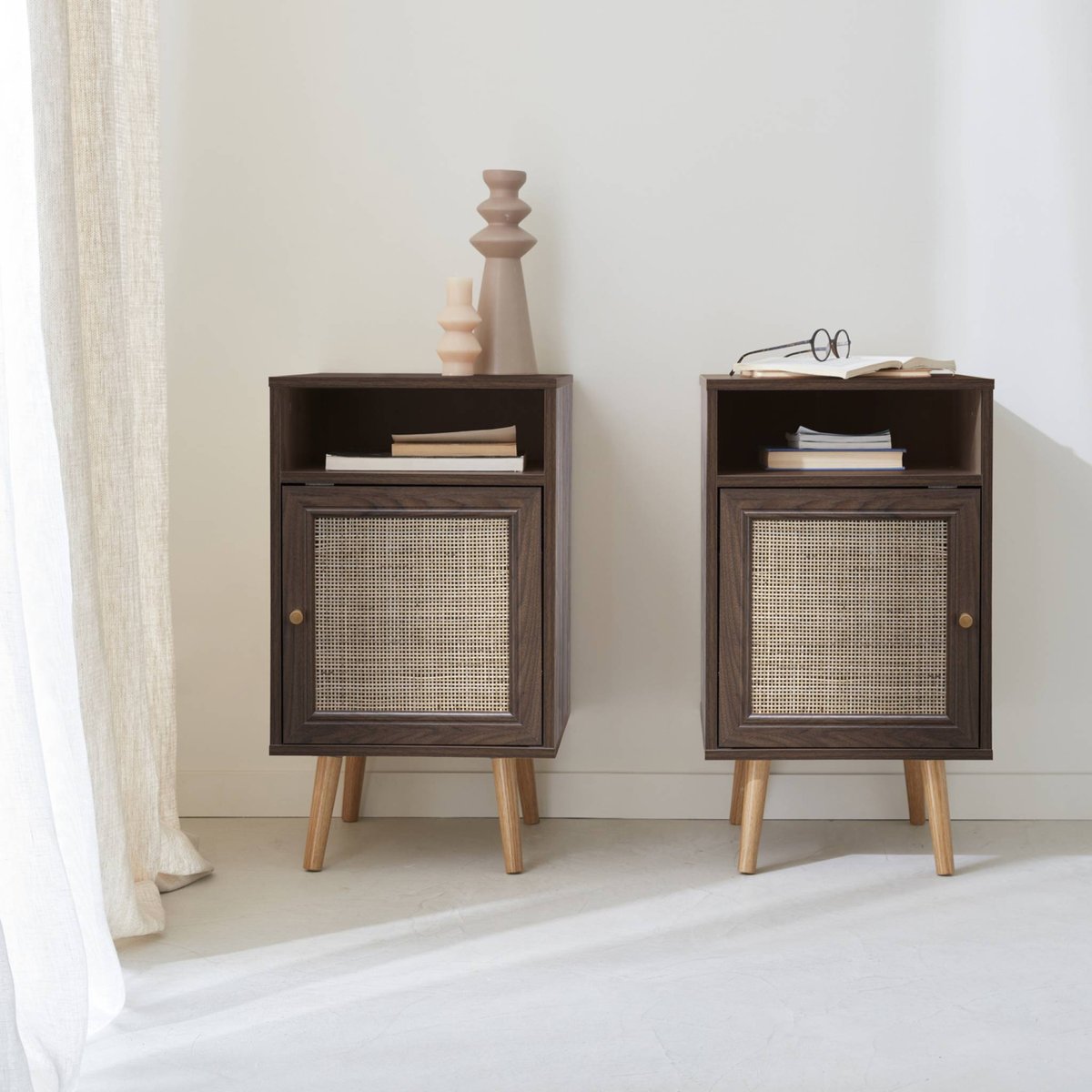 Table de chevet scandinave en cannage 1 porte (lot de 2) BOHÈME naturel, SWEEEK