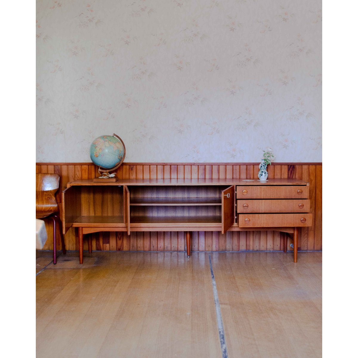 Grande enfilade en teck et acajou Margaret N°508 - Bon état bois clair, DEBONGOUT