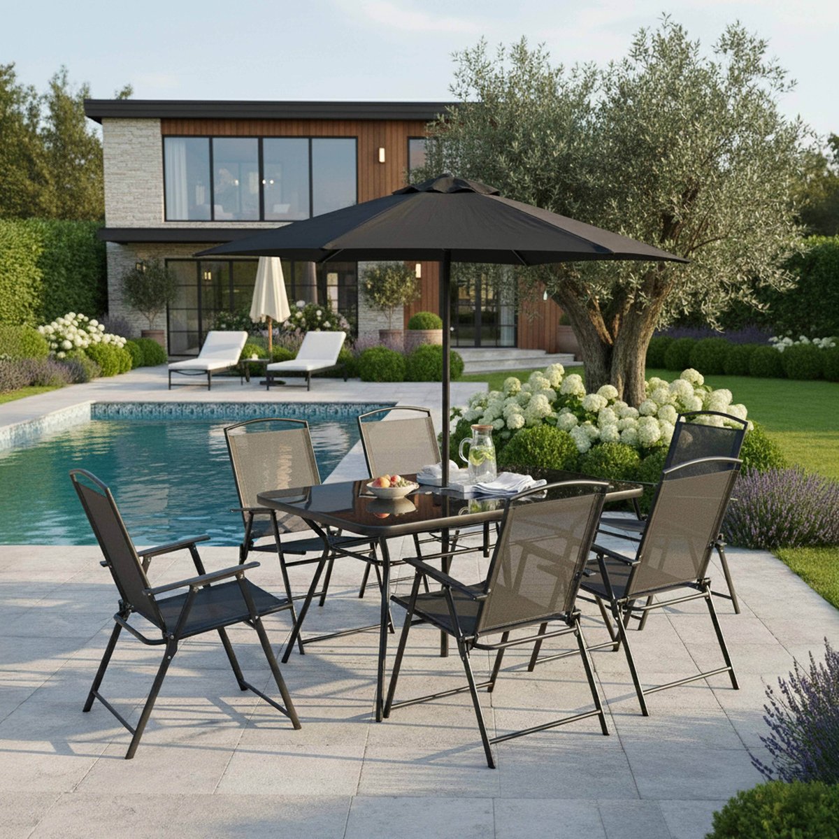 Salon de jardin table et 6 chaises avec parasol, BORMES gris anthracite, OVIALA
