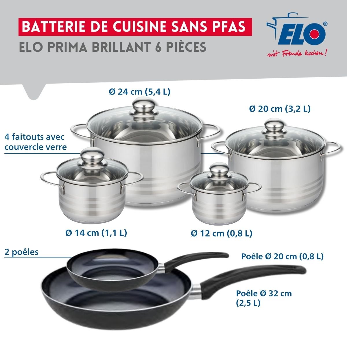 2 poêles 20/32cm + 4 faitouts 12/14/20/24cm PRIMA BRILLANT noir, ELO