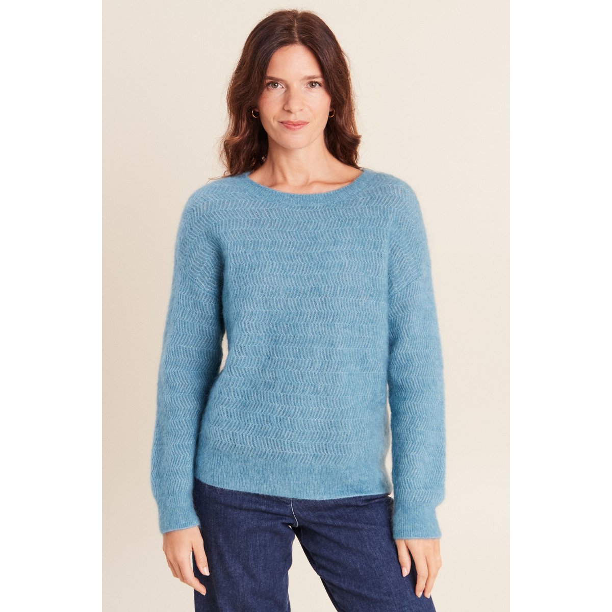 Pull droit col rond manches longues bleu pétrole, BREAL
