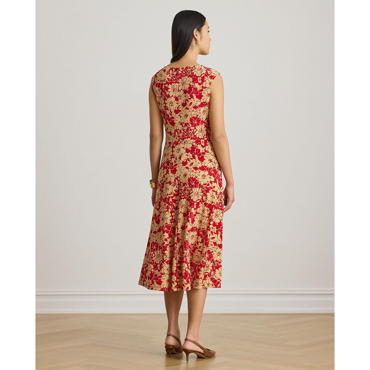 Abito longuette senza maniche con scollo rotondo e stampa a fiori rosso/cammello , LAUREN RALPH LAUREN