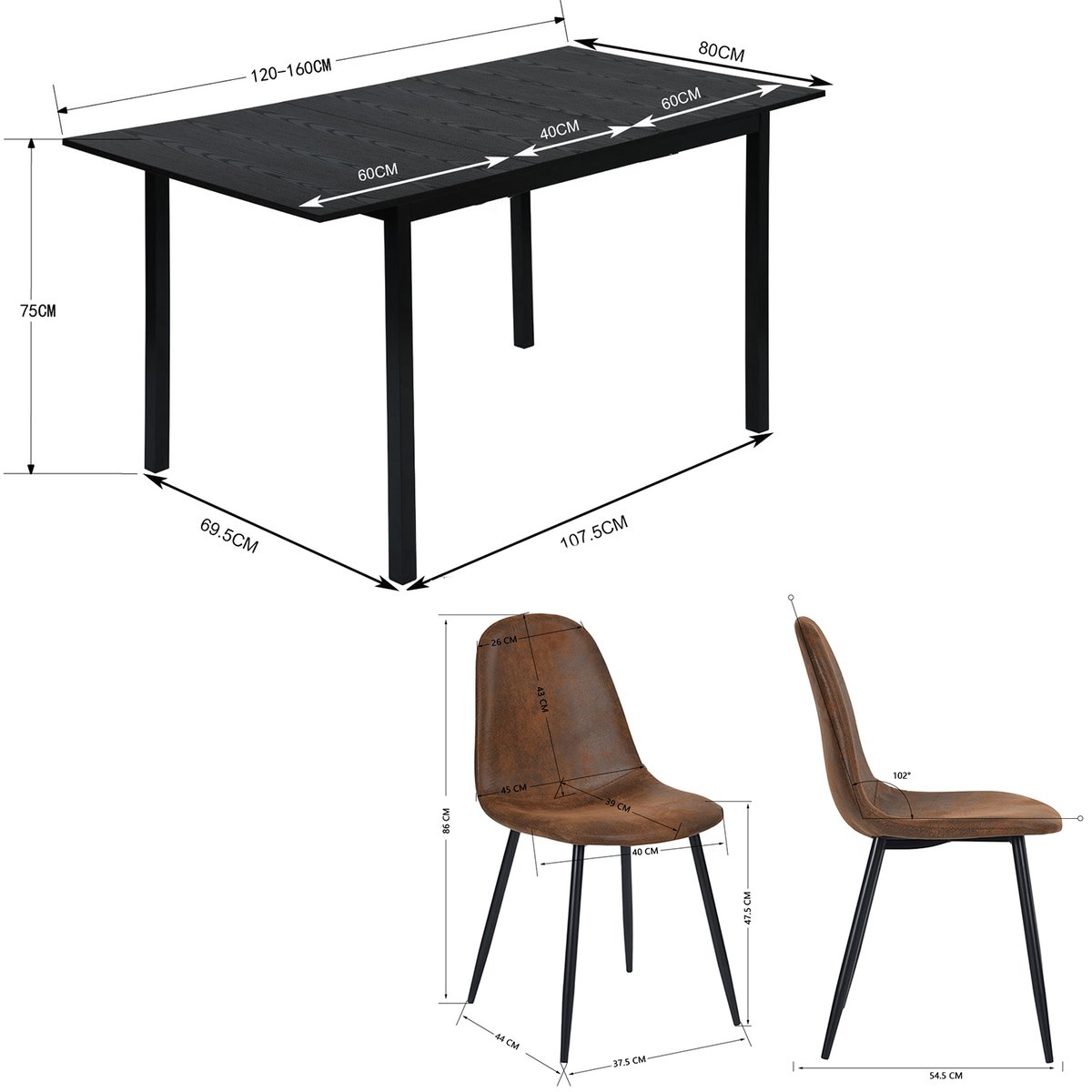 Ensemble de table à manger extensible à allonge avec 4 chaises, BARI4PCSSET marron, MEUBLES COSY