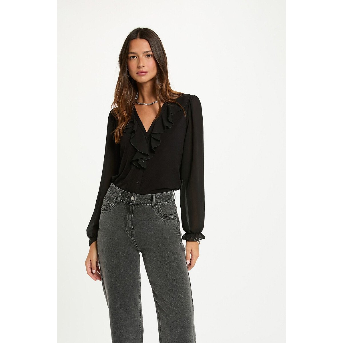 T-shirt voile col v noir, MORGAN