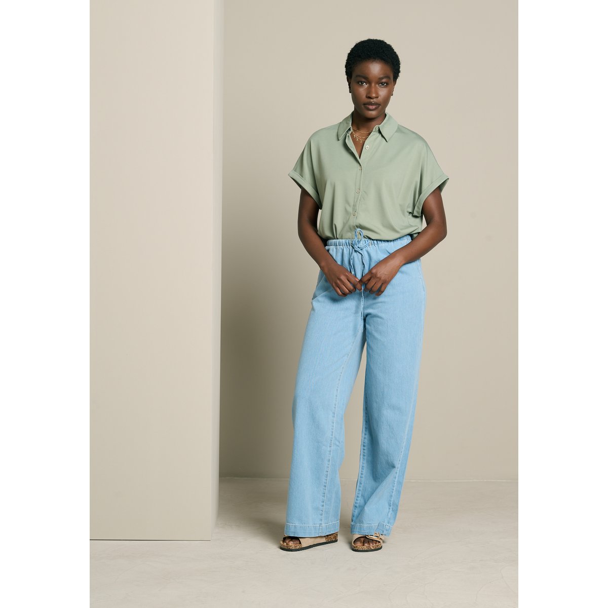 Pantalon large denim léger blue bleached, LOLALIZA