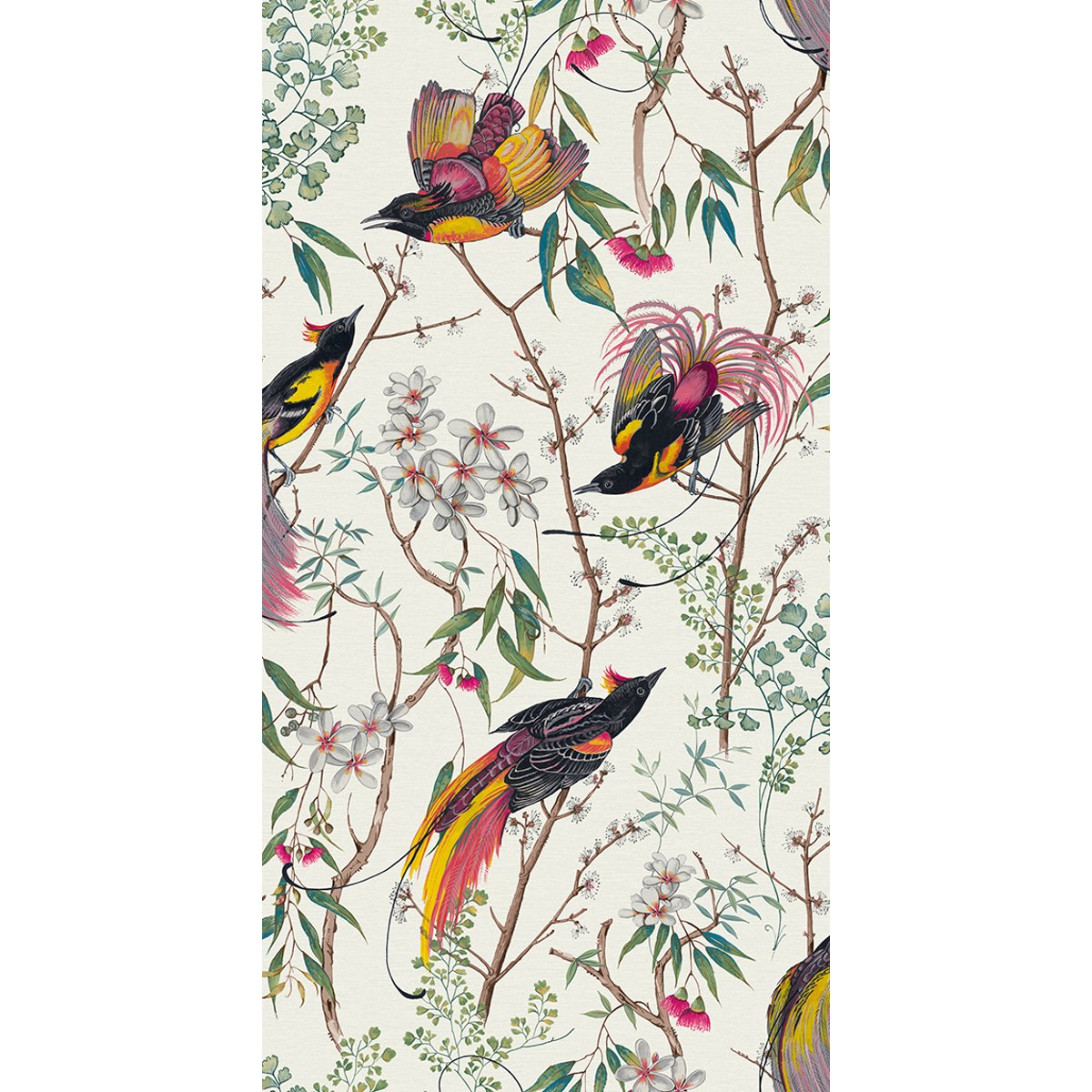 Papier peint Oiseaux Clavering Birds jaune, rose, vert, blanc cassé, GRAHAM ET BROWN