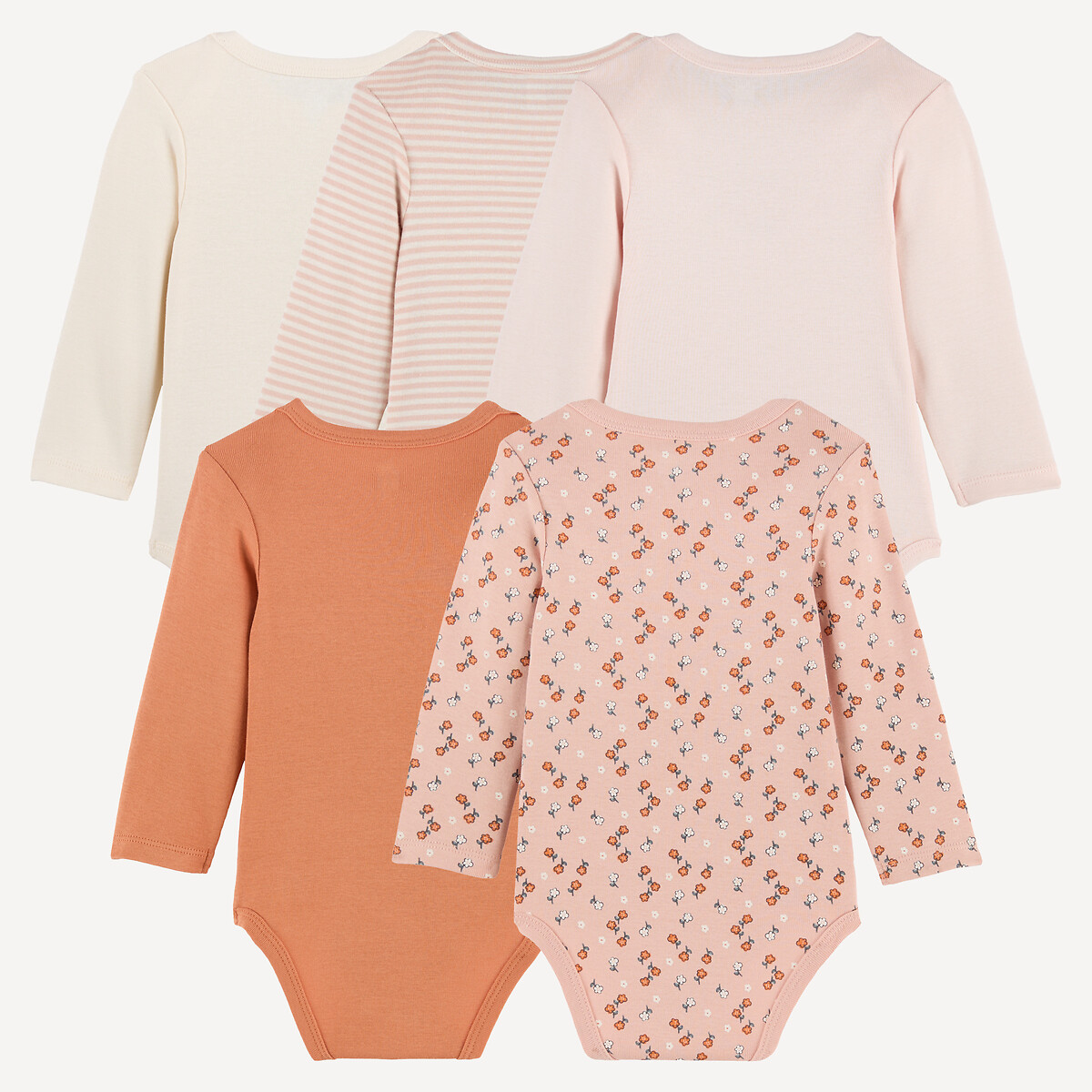 Set di 5 body a maniche lunghe: 2 a tinta unita, 1 a righe, 1 con motivo sul petto, 1 con stampa flo bianco + blu + grigio, LA REDOUTE COLLECTIONS