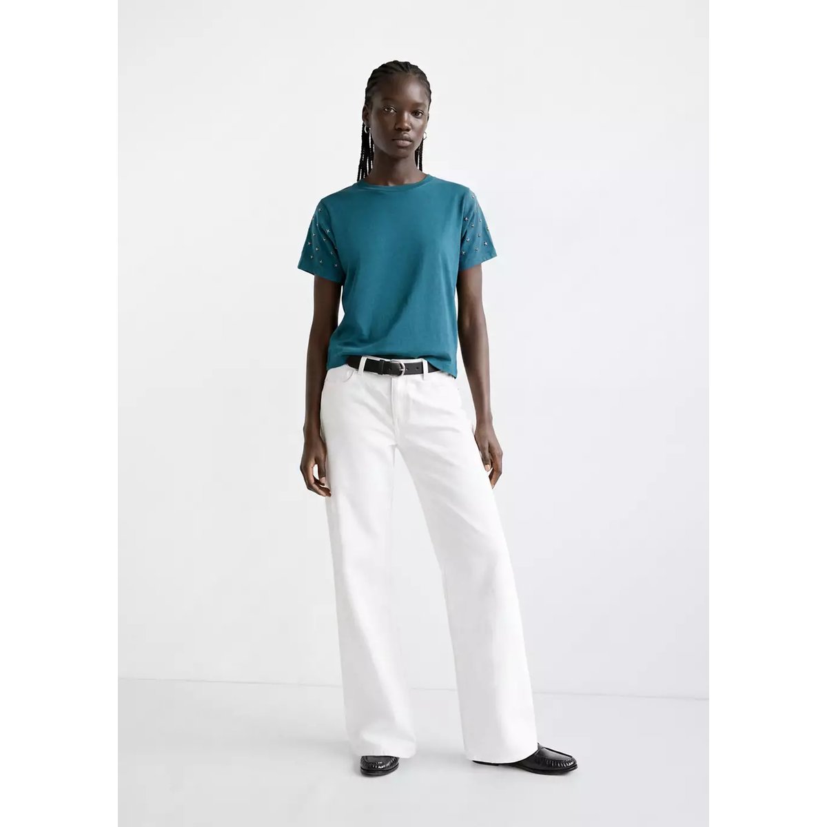 T-shirt en coton avec détail d’étoiles métalliques bleu pétrole, MANGO TEEN