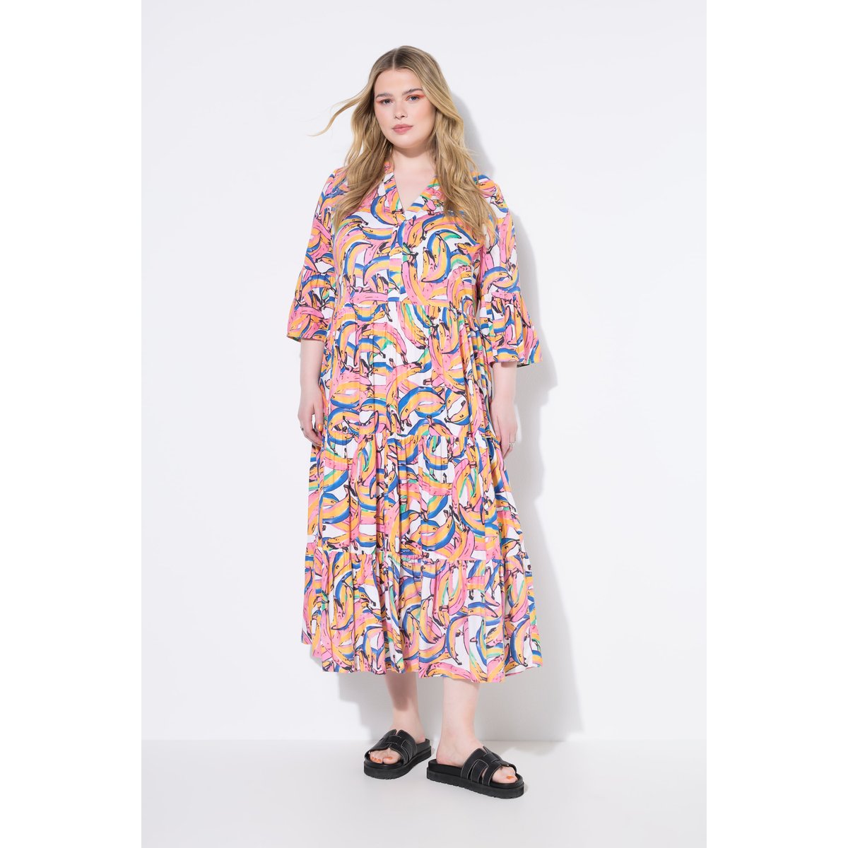 Robe maxi à volants, imprimé bananes blanc cassé, STUDIO UNTOLD