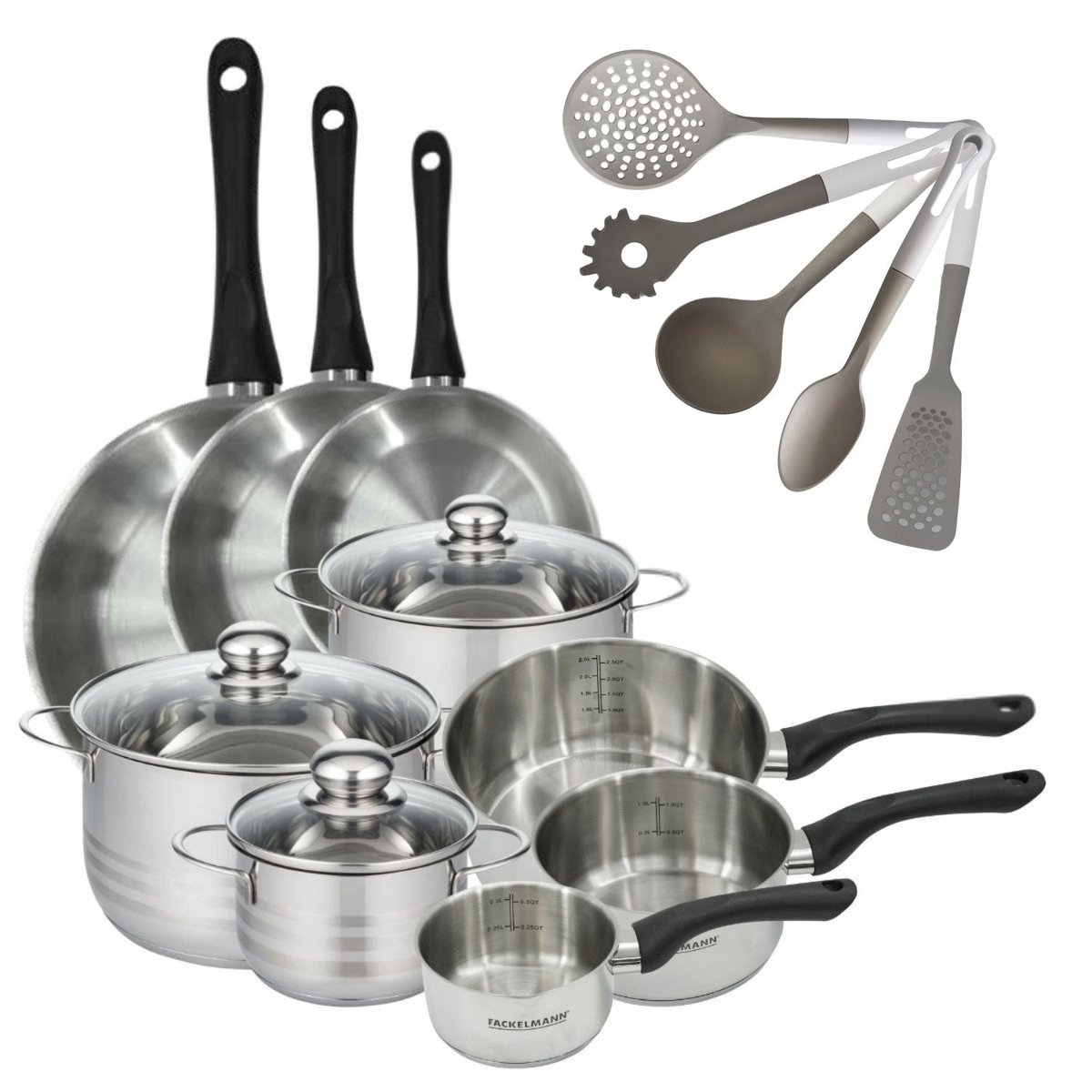3 faitouts 16/20/24cm + 3 casseroles 12/16/20cm BRILLANT inox|noir, FACKELMANN