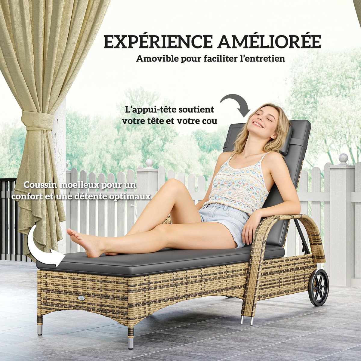 Chaise longue individuelle en rotin (modèle « gris, OUTSUNNY