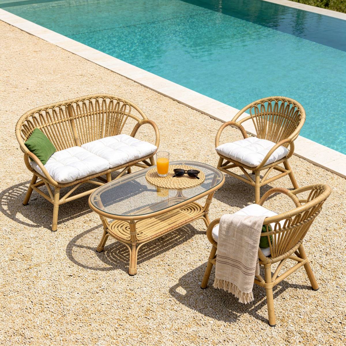 Salon de jardin en rotin et verre RATTAN bois foncé, MADE IN MEUBLES