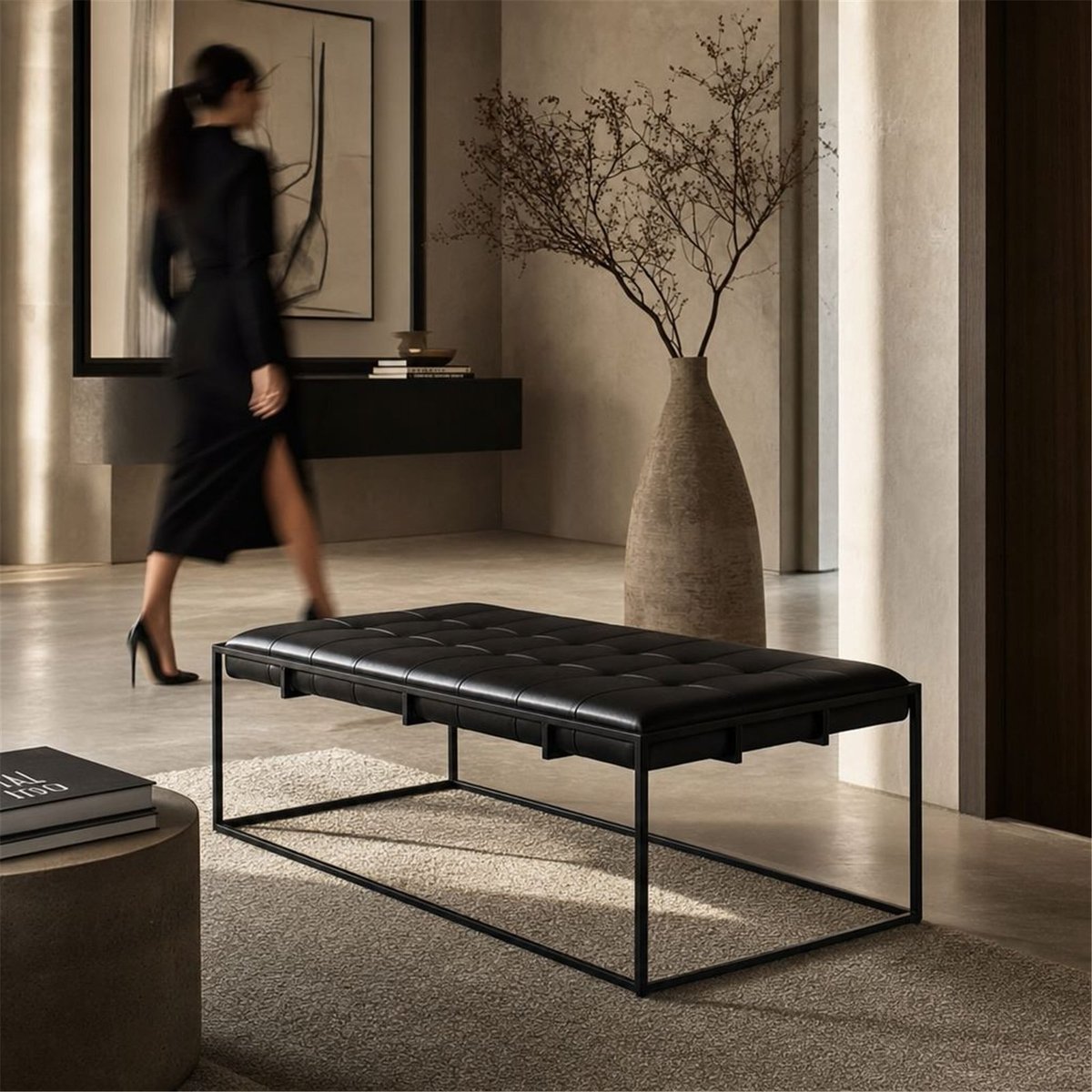Banc capitonné en métal noir, RECOLLECTION