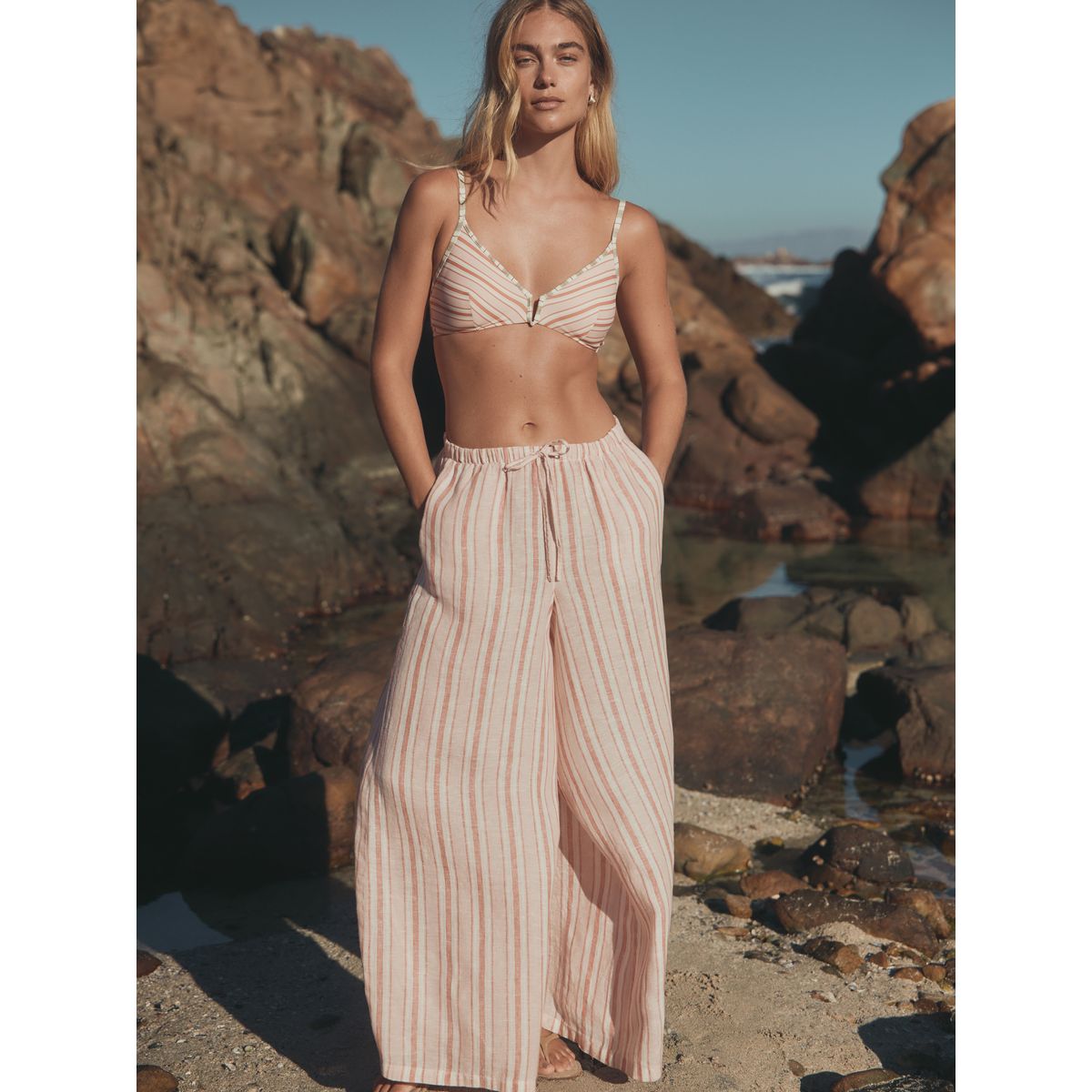 Pantalon palazzo large lin n. premium rose à rayures, NEXT