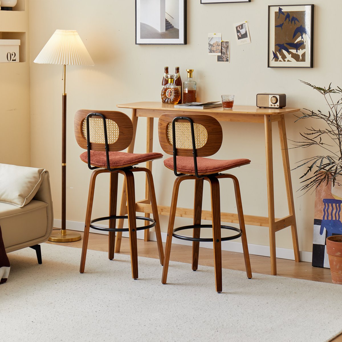 Lot de 2 tabourets de bar, bois et cannage, ALESUND terracotta, NORDLYS