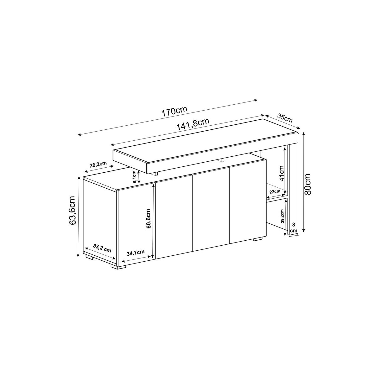 Buffet asymétrique 4 portes, éclairage LED AURA blanc, PIER IMPORT