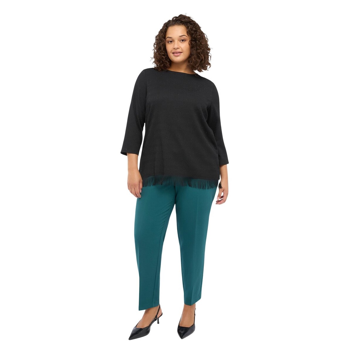 T-shirt en jersey avec strass et franges noir, FIORELLA RUBINO