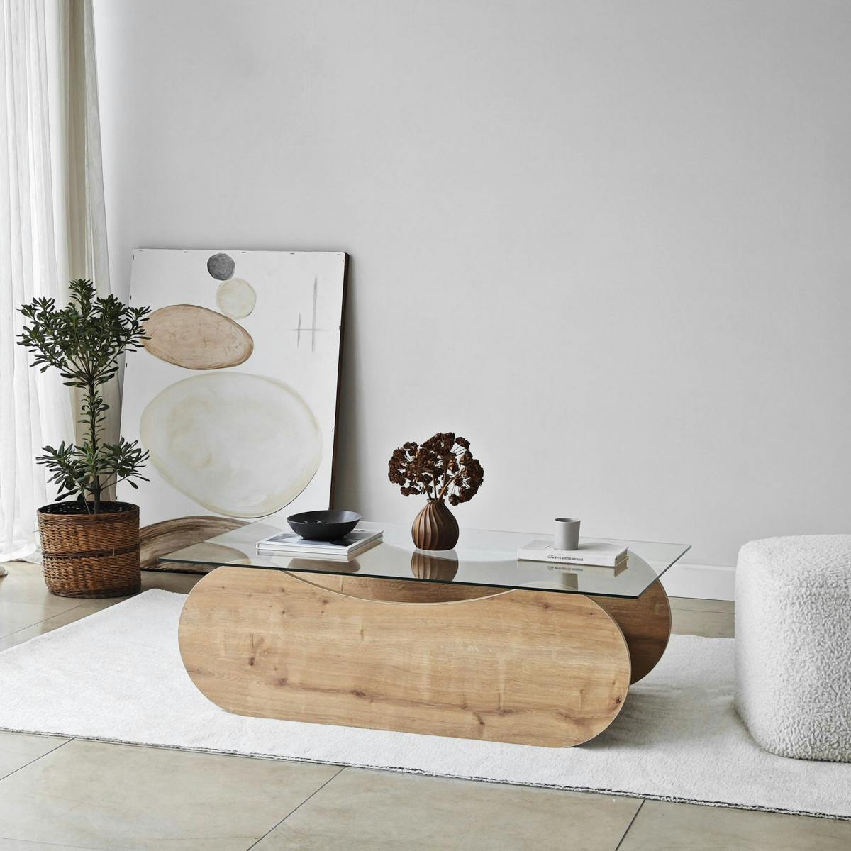 Table basse base luge - plateau verre SALTA chêne, PIER IMPORT