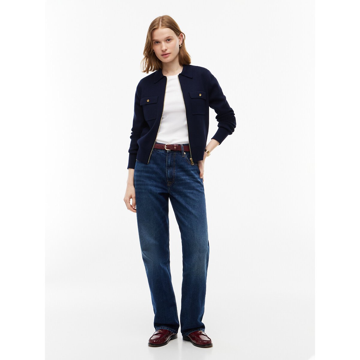 Cardigan con cerniera e collo a polo navy, TOMMY HILFIGER